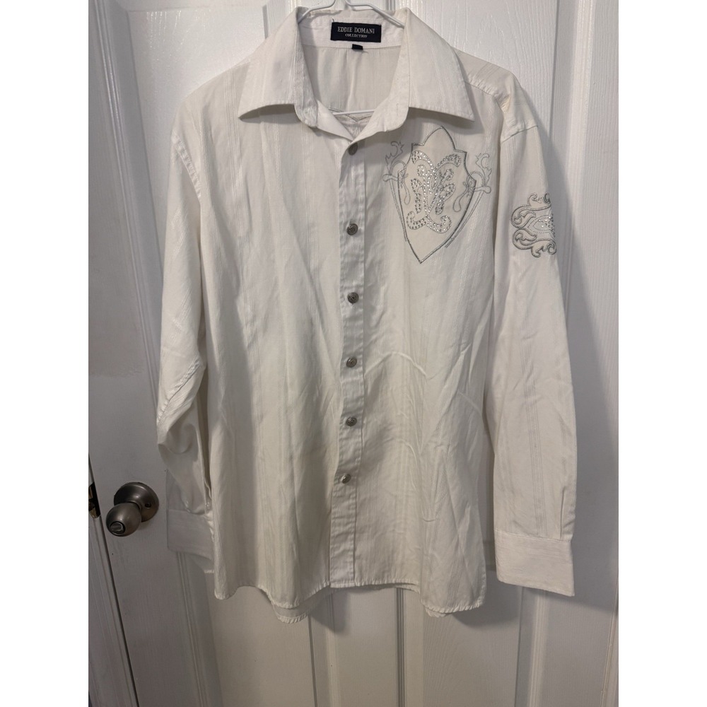 Eddie Domani Mens M White Rhinestone Embroidered Crest Long Sleeve Button Shirt
